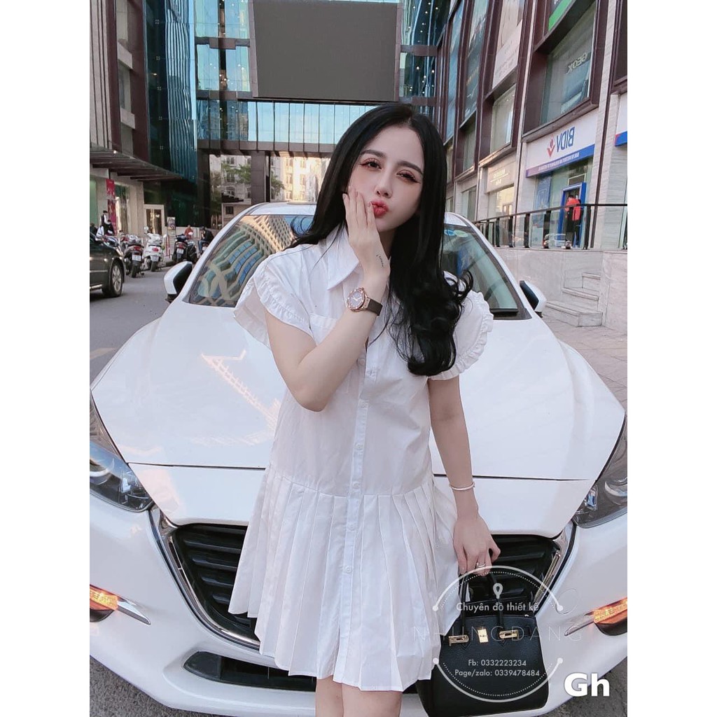 Đầm babydoll trắng cổ sơ mi chân váy đuôi cá xếp li Freesize 42-60kg  - XungStore | BigBuy360 - bigbuy360.vn