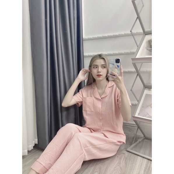Bộ pijama chất đũi xốp mặc nhà mẫu trơn áo cộc quần dài