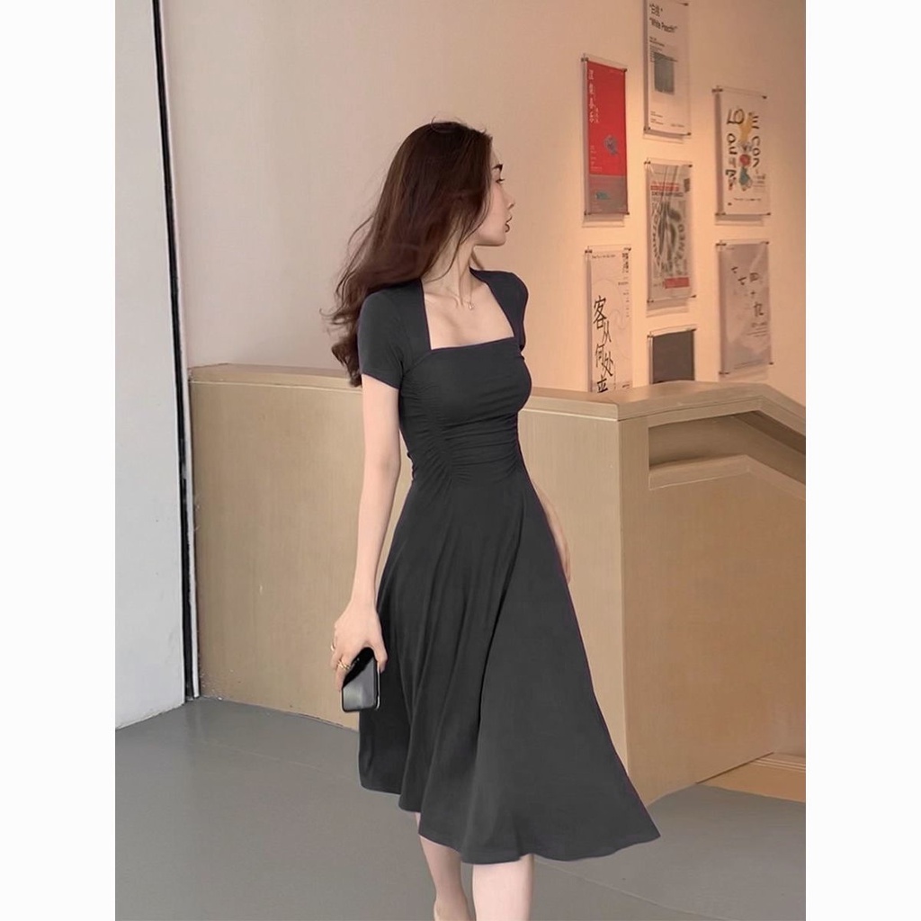 Đầm Chữ A Tay Ngắn Cổ Vuông Ôm Eo Thời Trang Mùa Hè Xinh Xắn Cho Nữ