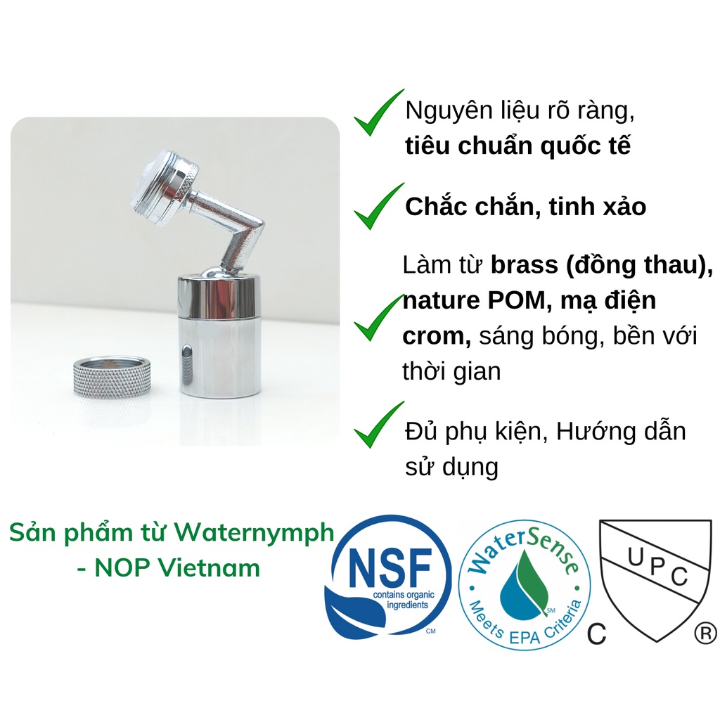 Đầu nối vòi nước xoay 720 độ, bằng đồng thau cao cấp Waternymph, tạo bọt, chống bắn, hai chế độ phun (tặng kèm ren)