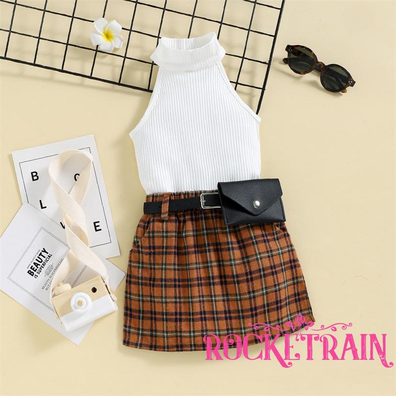 ♧Uw♔Bộ Áo Tank Top Hai Dây + Chân Váy Sọc Caro Thời Trang Mùa Hè Cho Bé Gái