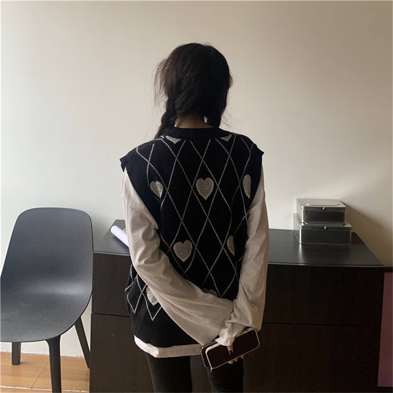 MỚI Áo sweater không tay cổ chữ v dáng rộng phong cách retro dành cho nữ