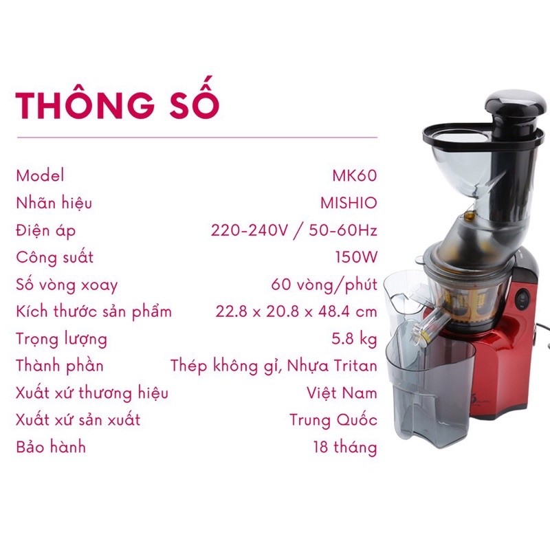 MÁY ÉP CHẬM MISHIO MK-60 MÁY ÉP TRÁI CÂY TÁCH BÃ CHÍNH HÃNG MISHIO