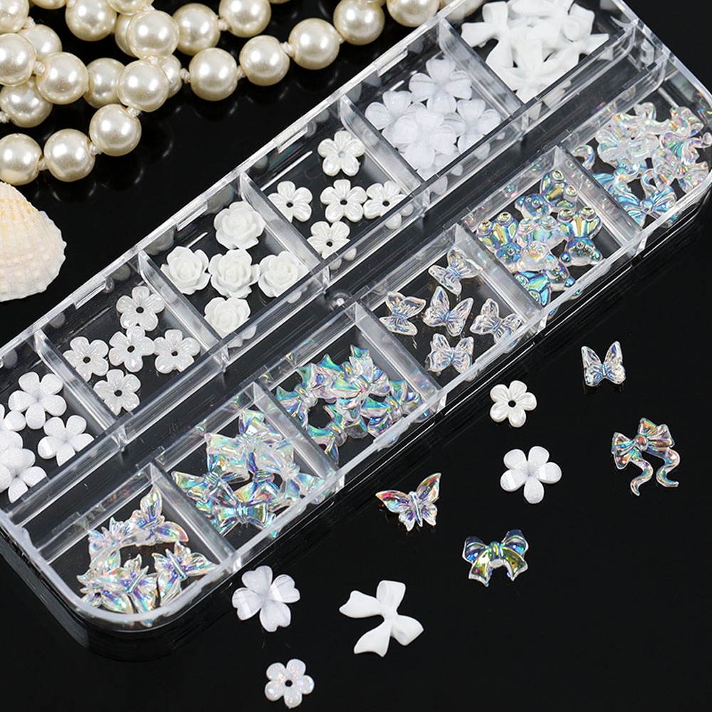 [Hàng mới về] Hộp 12 ngăn hoa resin nơ ruy băng váy gấu bướm AB màu kẹo trang trí móng cho salon