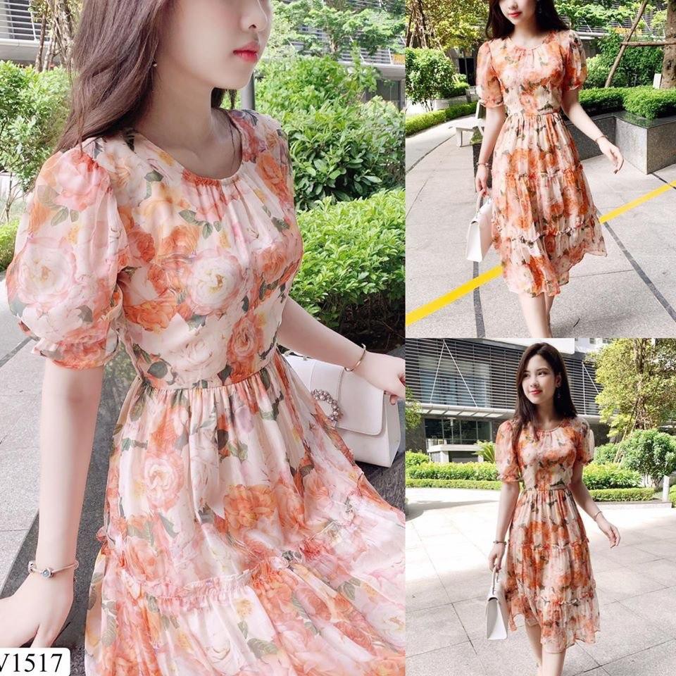 Đầm hoa cổ tròn tay bồng dáng xòe chất voan 2 lớp cao cấp V1517