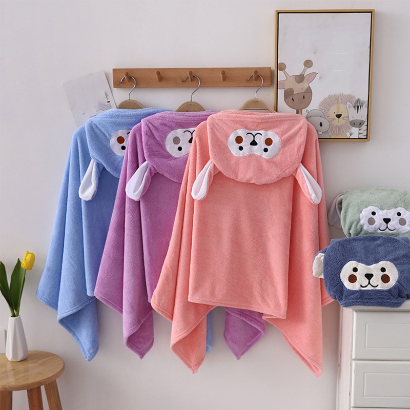 Khăn Choàng Tắm Lông Cừu San Hô 70x140cm Có Nón Tai Thú Hoạt Hình Dễ Thương Cho Bé