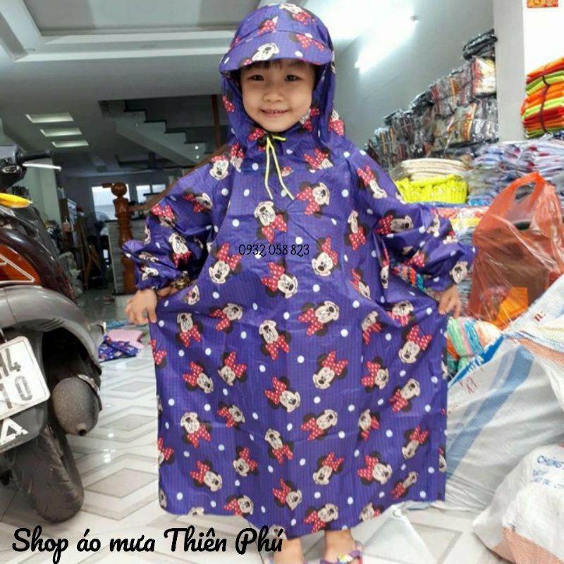 Áo mưa bít trẻ em, chất liệu vải dù, hoa văn hoạt hình cho bé - Size 9 - Size 10