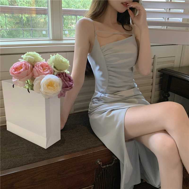 Đầm xẻ tà xanh Pastel gấp nếp D34
