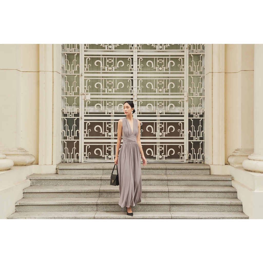 MAVEN - Váy xám dáng dài cột dây cổ Tracy