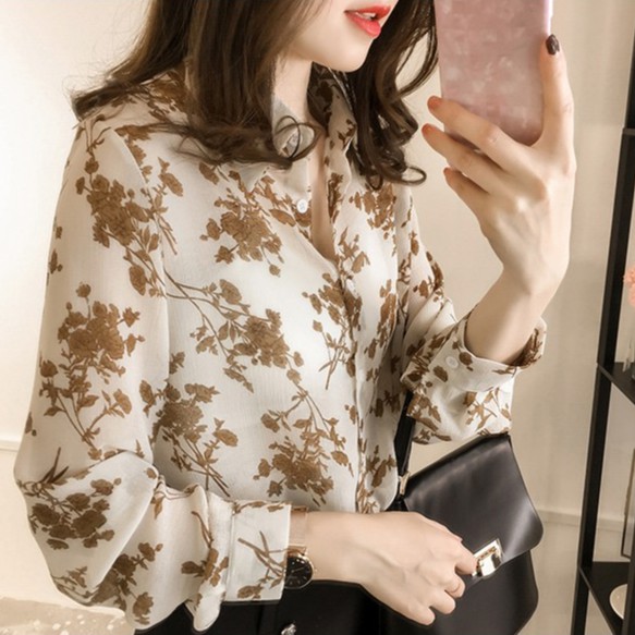 Áo sơ mi chất liệu voan tay dài họa tiết hoa thời trang | BigBuy360 - bigbuy360.vn