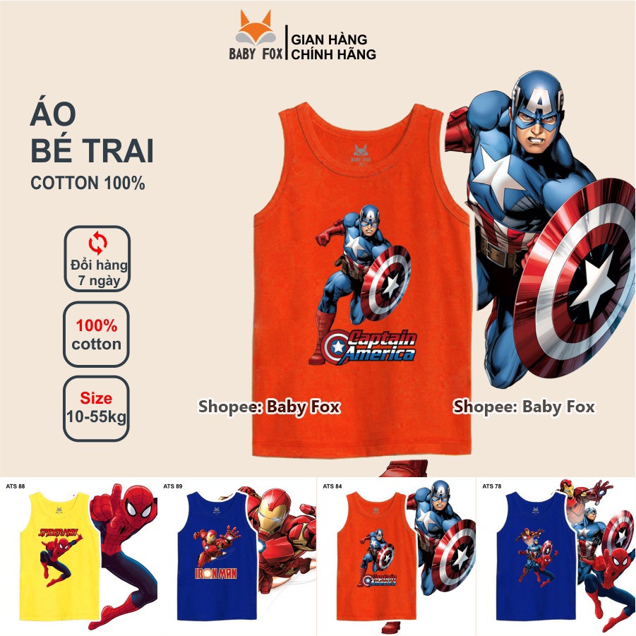Áo thun bé trai sát nách 100% cotton cao cấp, BABY FOX, hình người nhện, người sắt i