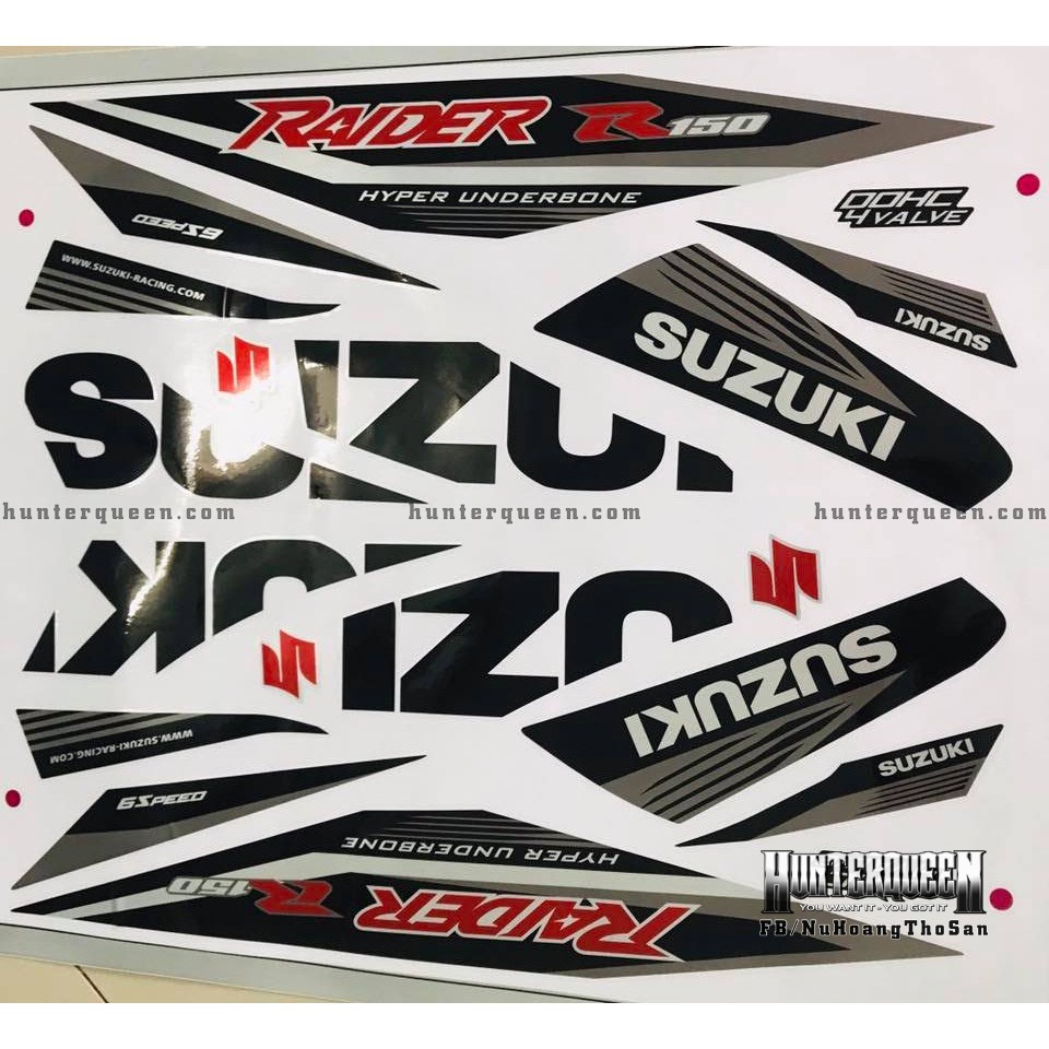 Tem in UV cao cấp. Tem xe Raider đen bạc. Sắc nét tuyệt đối, chuẩn từng chi tiết. Ép keo nhiệt bóng loáng chống phai màu