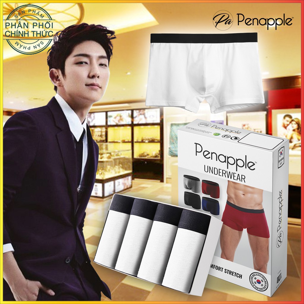 [PENA0808 GIẢM 10%] MADE IN KOREA - 1 Hộp 4 QUẦN LÓT BOXER COTTON PHONG CÁCH HÀN QUỐC - 4 MÀU TRẮNG