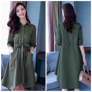 Đầm váy xanh rêu tà xéo rút eo (kèm hình thật)