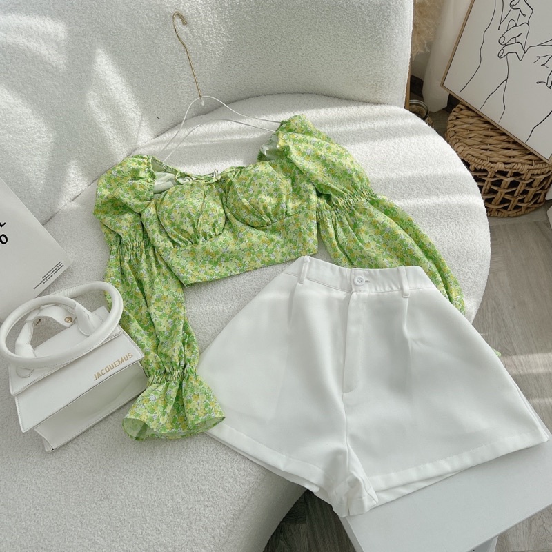 SET ÁO HOA XANH TAY KHÚC + QUẦN SHORT TRẮNG