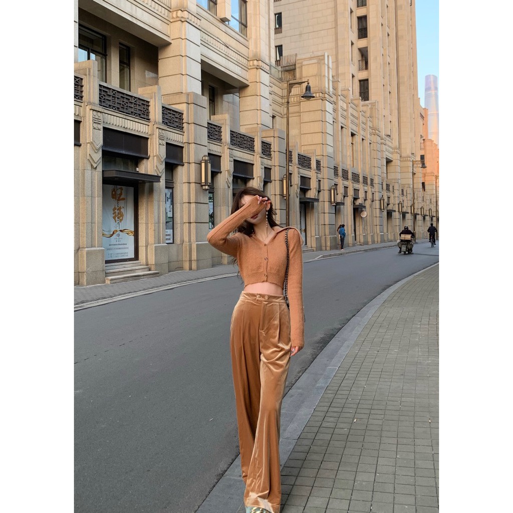 Set áo len lông mịn + quần cạp cao ống suông nhung nữ tính HS109 Hỉn Hỉn Store