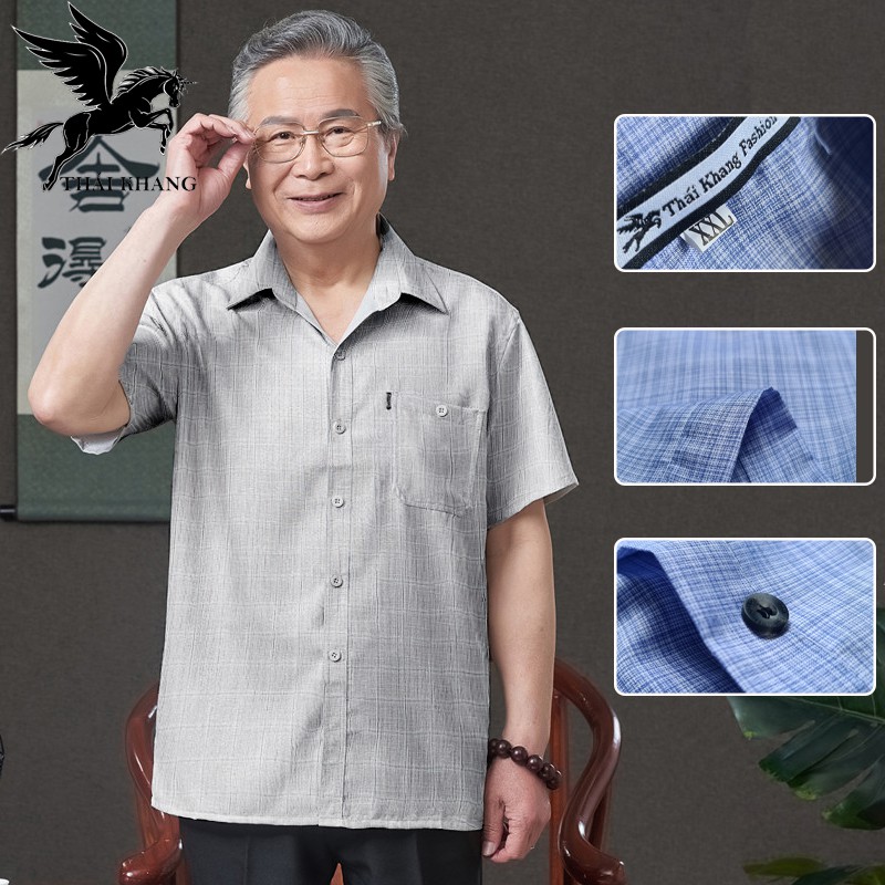 Áo sơ mi nam ngắn tay trung niên vải đũi SIÊU MÁT form rộng rãi thoải mái loại áo sơ mi nam người già caro OG58