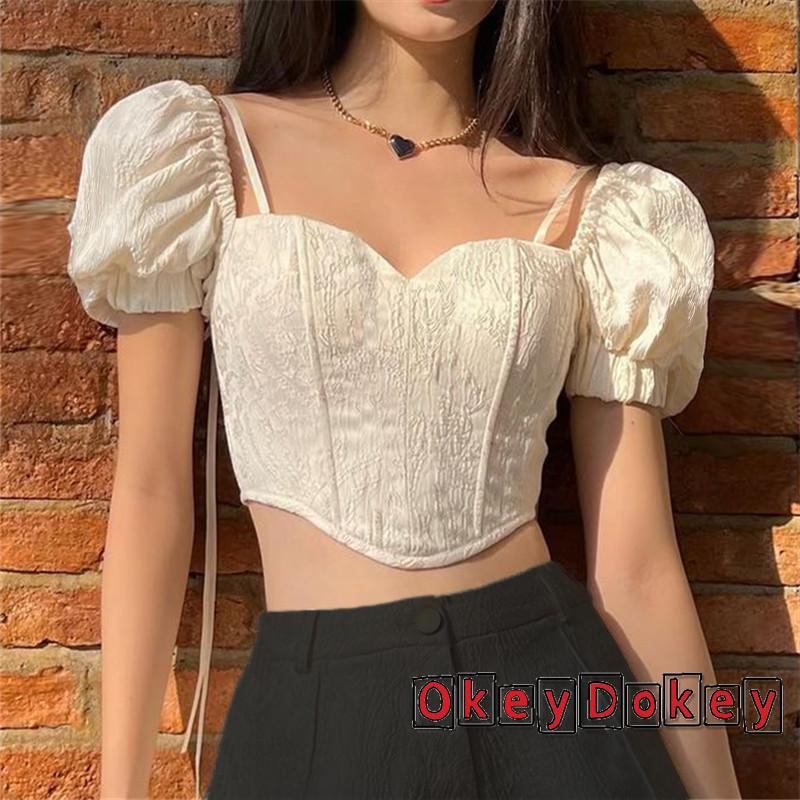 Odokey-áo Croptop Tay Phồng Ngắn Cổ Buộc Dây Kiểu Cách Cho Nữ Trẻ Trung
