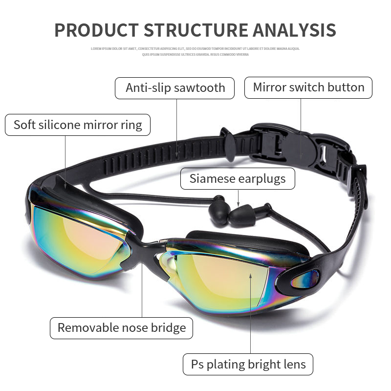 Professional Swimming Goggles swimming glasses with earplugs Nose clip Electroplate Waterproof Silicone for adluts