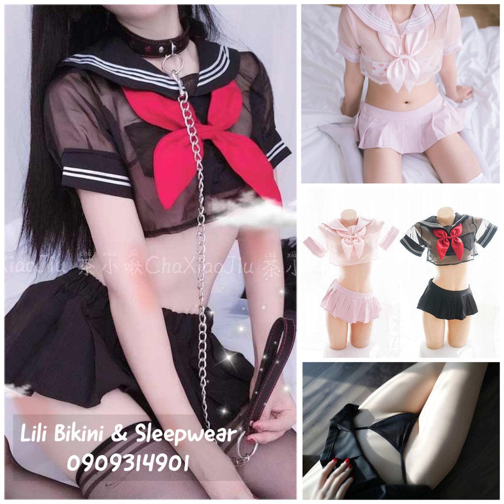 Đồ Ngủ Cosplay Nữ Sinh Gợi Cảm trong suốt vải voan màu Hồng, Đen hàng cao cấp | BigBuy360 - bigbuy360.vn