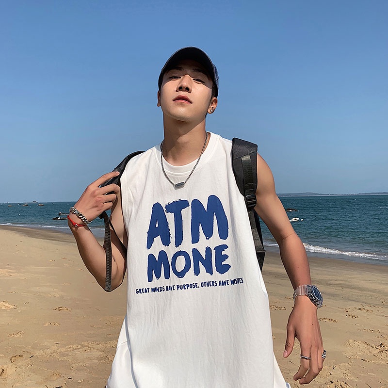 Áo thun sát nách thể thao dáng rộng in chữ năng động thời trang mùa hè phong cách Hàn Quốc