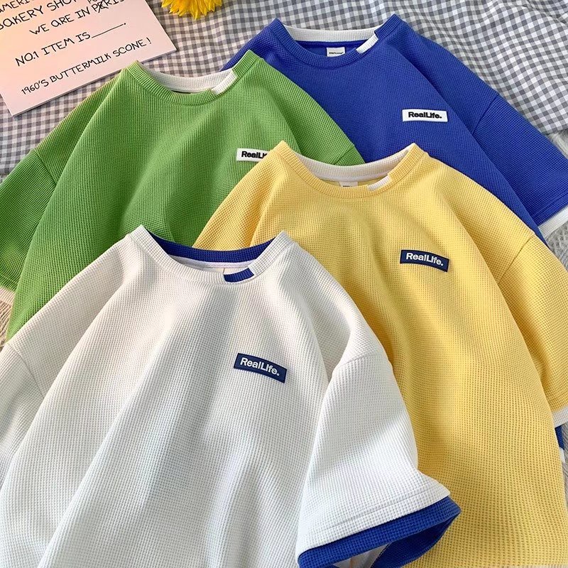 Áo Thun Ngắn Tay Cổ Tròn Dáng Rộng Phong Cách Đường Phố Harajuku Thời Trang Mùa Hè Cho Nam 4 Màu M-3XL