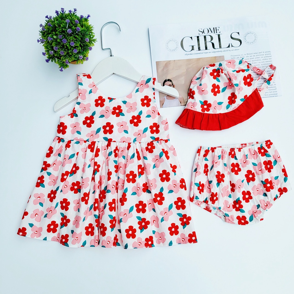 Đầm Hoa, Váy Hoa Nơ Cho Bé Gái, Bé Sơ Sinh- Kèm Quần Chip Và Mũ. Chất Vải Cotton Mềm Mại.