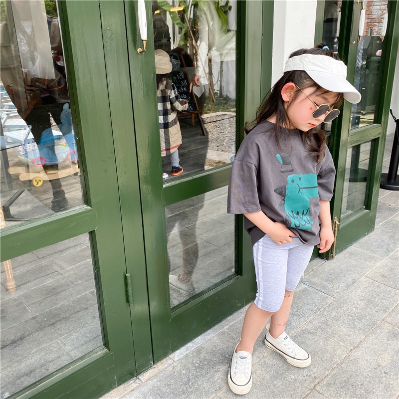 Bộ cộc tay bé gái in hình khủng long ngỗ nghĩnh, Sét áo in hình khủng long xanh Dino kèm quần legging đùi cho bé