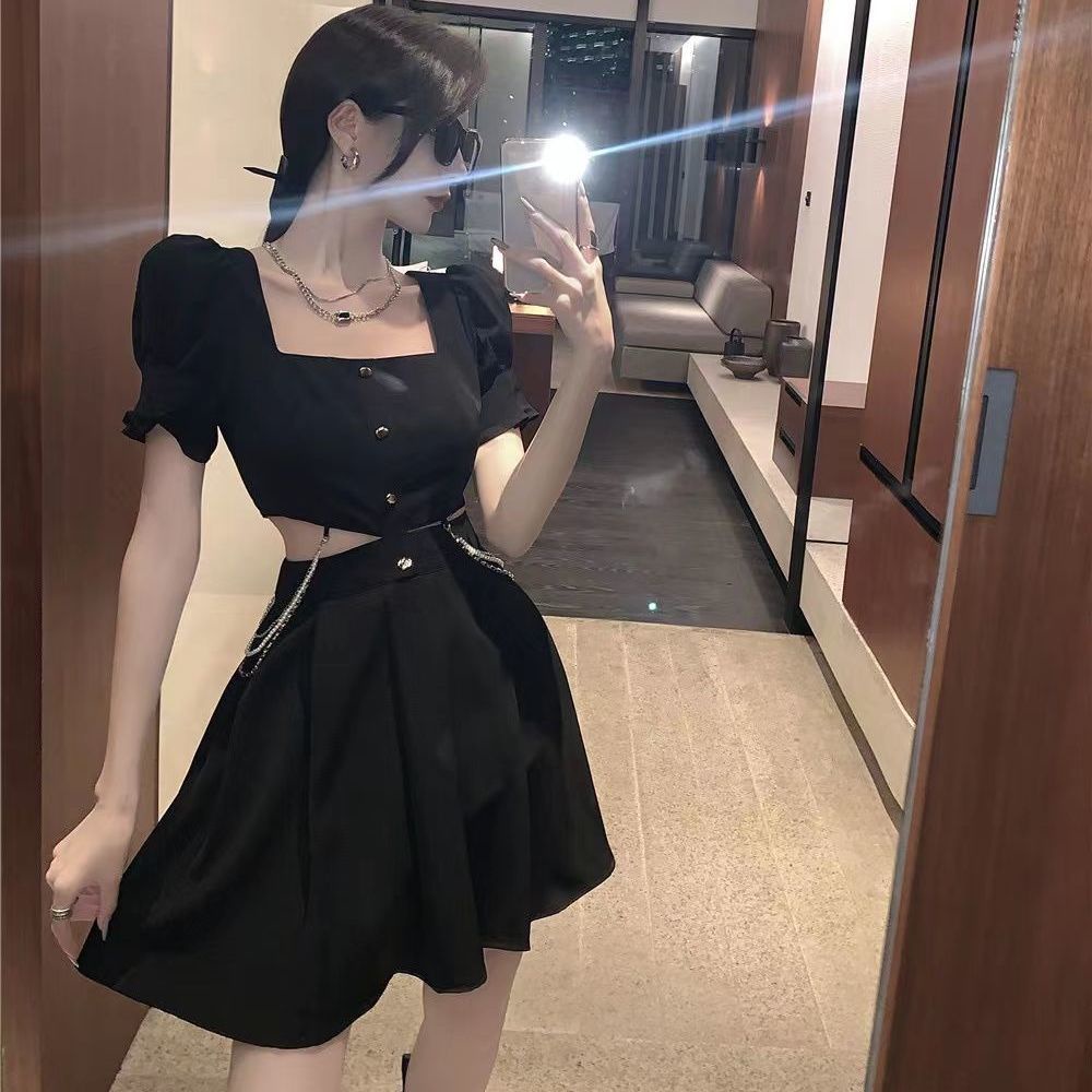 Đầm Đen Khoét Eo Thiết Kế Rỗng Thời Trang Mùa Hè Cho Nữ