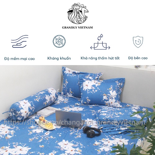 Bộ chăn ga gối (4 món) cao cấp Grandly Vietnam chính hãng vải bông hoạ tiết đa dạng, độc quyền, siêu bền đẹp