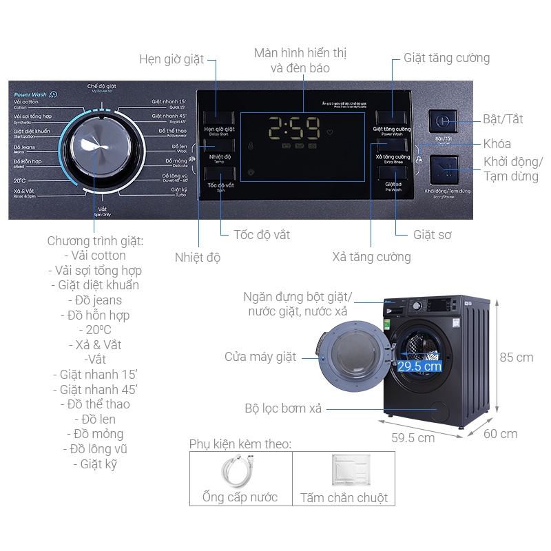 Máy giặt Casper Inverter 9.5 kg WF-95I140BGB