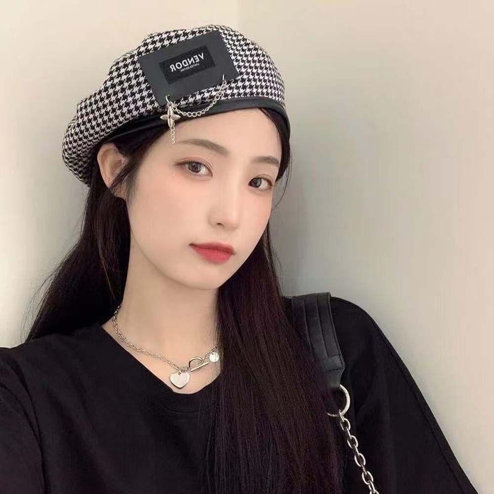 FORBETTER Mũ Beret Da PU Họa Tiết Sọc Caro Phong Cách Anh Quốc Thời Trang Mùa Thu Cho Nữ