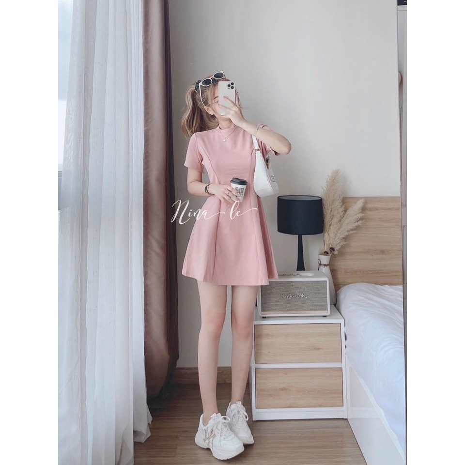 đầm nữ xòe dáng ngắn cổ tròn tay ngắn siêu xinh