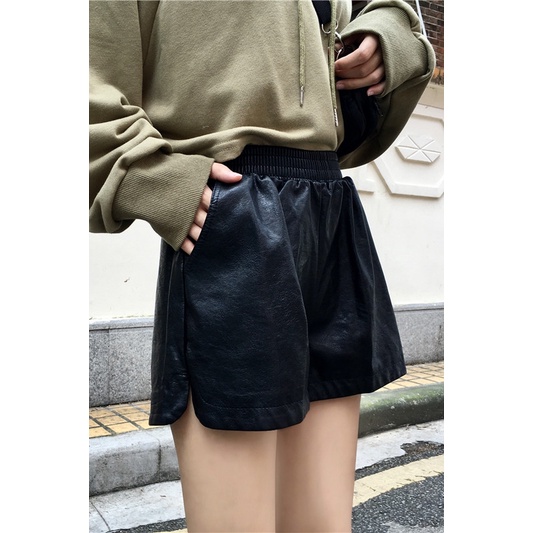 Quần short da chữ A ống rộng lưng cao thời trang cho nữ