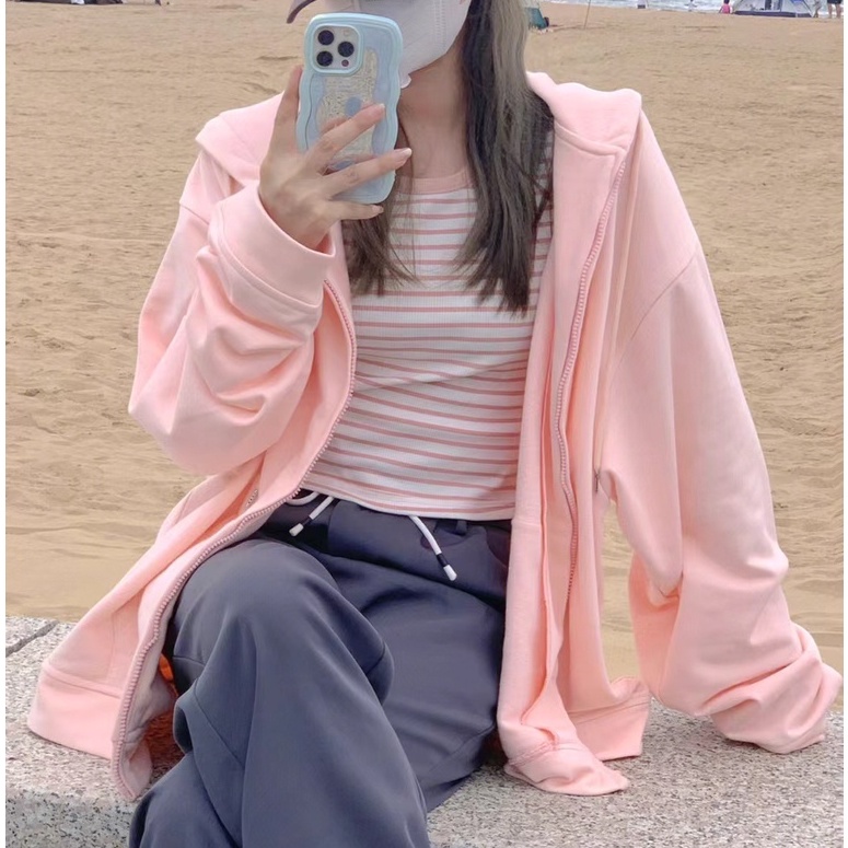 ZHELIHANGFEI Áo Khoác Hoodie Tay Dài Dáng Rộng Màu Hồng Dễ Thương Xinh Xắn