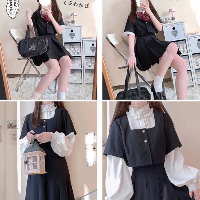 YAS0050-Set Jk nhật Maria sơ mi viền ren áo vest ngắn