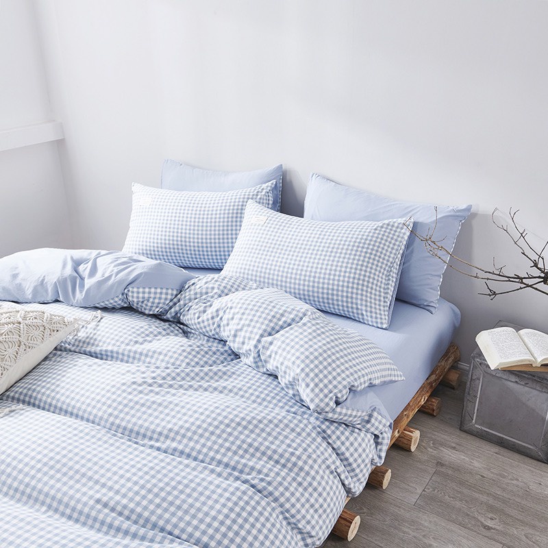 Bộ chăn ga gối Cotton Tici xanh caro bé HL Bedding chăn ga Hàn Quốc, vỏ chăn mền, drap giường và 2 vỏ gối