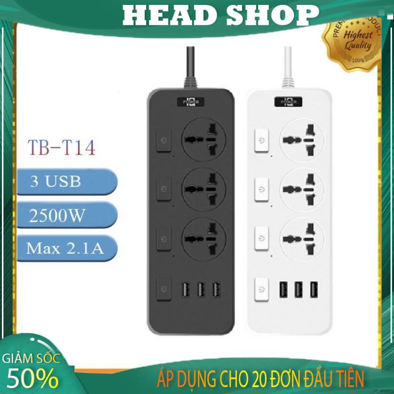 Ổ cắm điện đa năng cổng USB ổ cắm thông minh an toàn chống quá tải dây 1.8m công suất 250W T14 HEAD SHOP