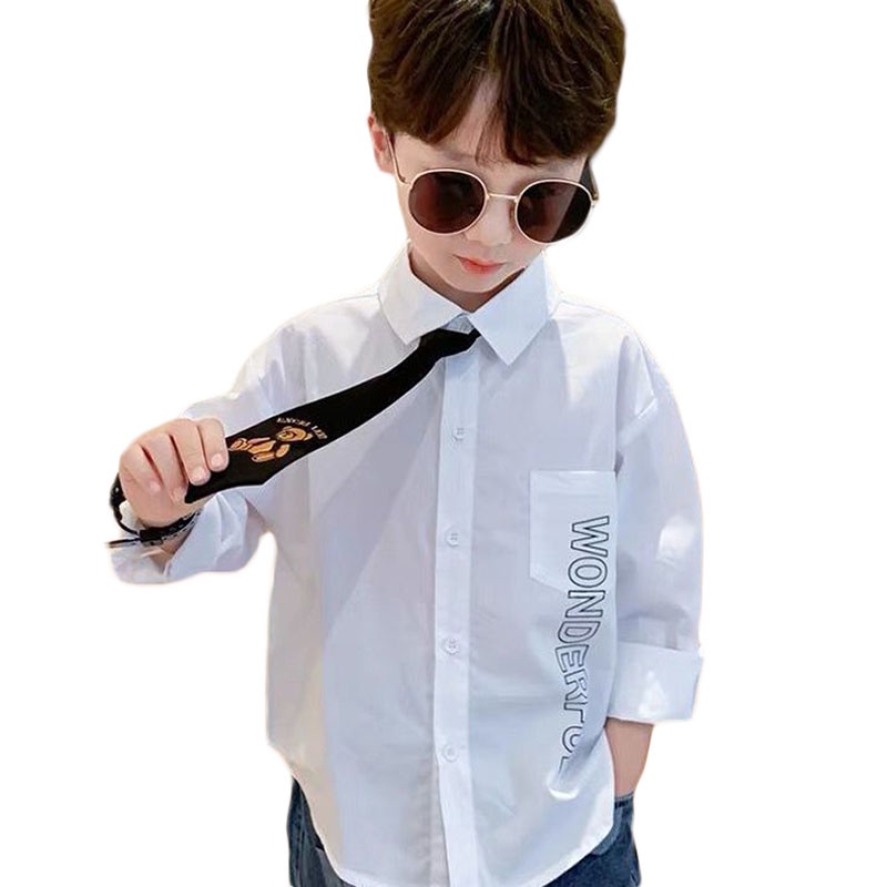 Áo Sơ Mi Dài Tay Thắt Cà Vạt Gấu Bé Trai 3-12 Tuổi