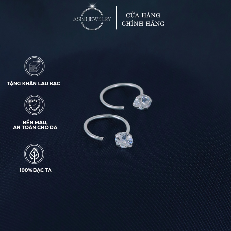 Đôi bông tai bạc nữ dáng móc đính đá Asimi, Bông tai bạc ta đính đá lấp lánh màu trắng Hook Earrings KT04