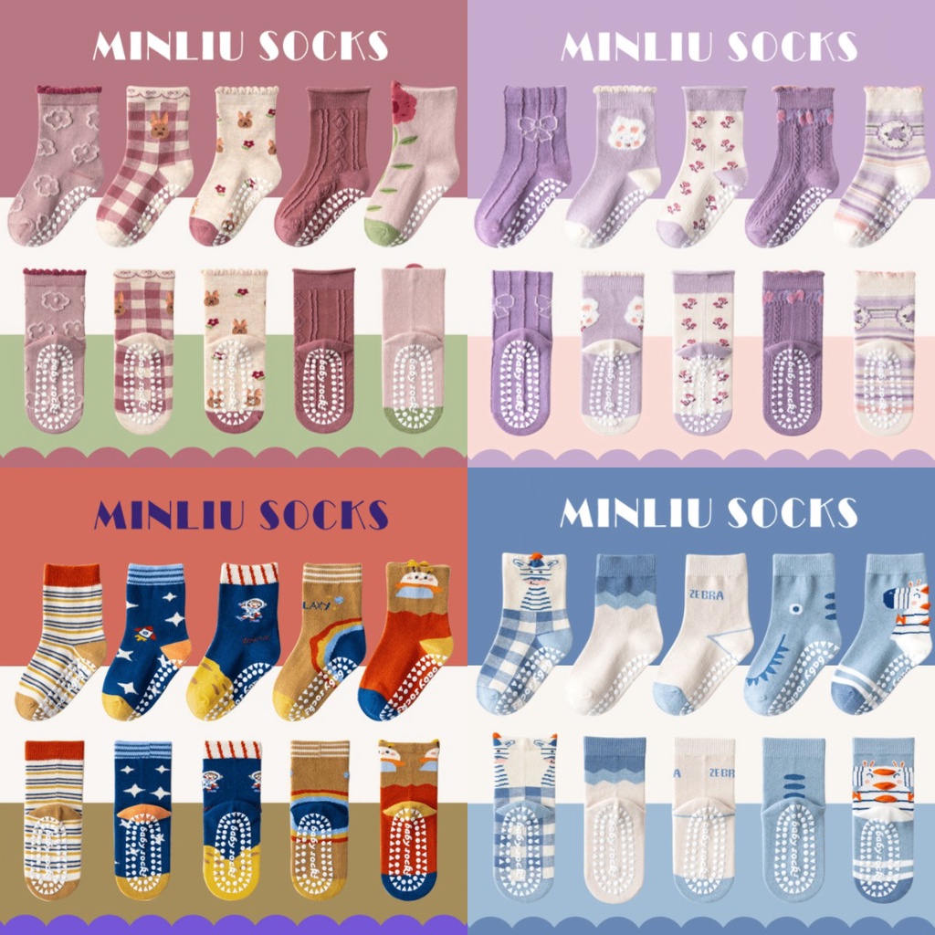 Set 5 đôi vớ cotton chống trượt ống cao trung bình dành cho bé 1-12 tuổi