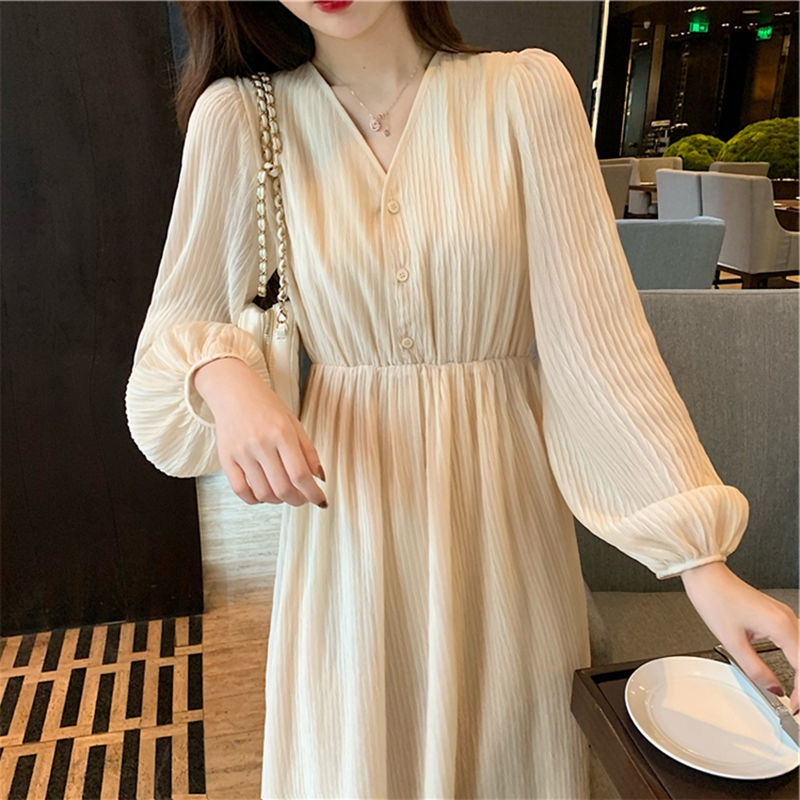 [LININ] Đầm Chiffon Dáng Dài Cổ Chữ V Xếp Ly Phong Cách Mới Mùa Thu Cho Nữ