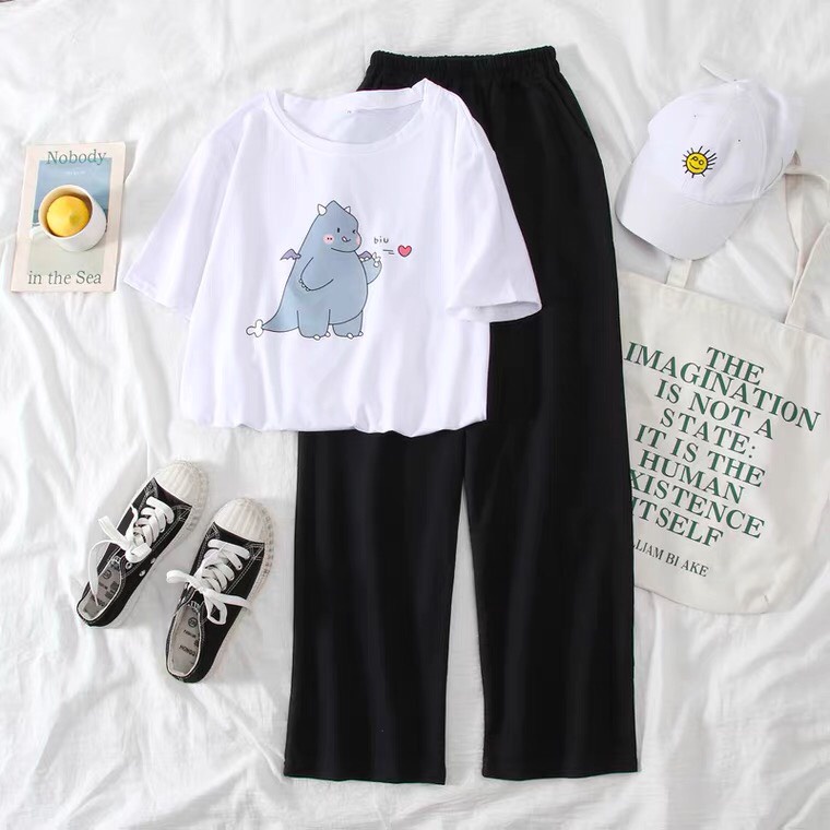 Sét áo Phông khủng long búng tim + Quần suông, Áo Thun From rộng mặc cho nam và nữ, chất đẹp, Sét bộ mặc ở nhà FANI