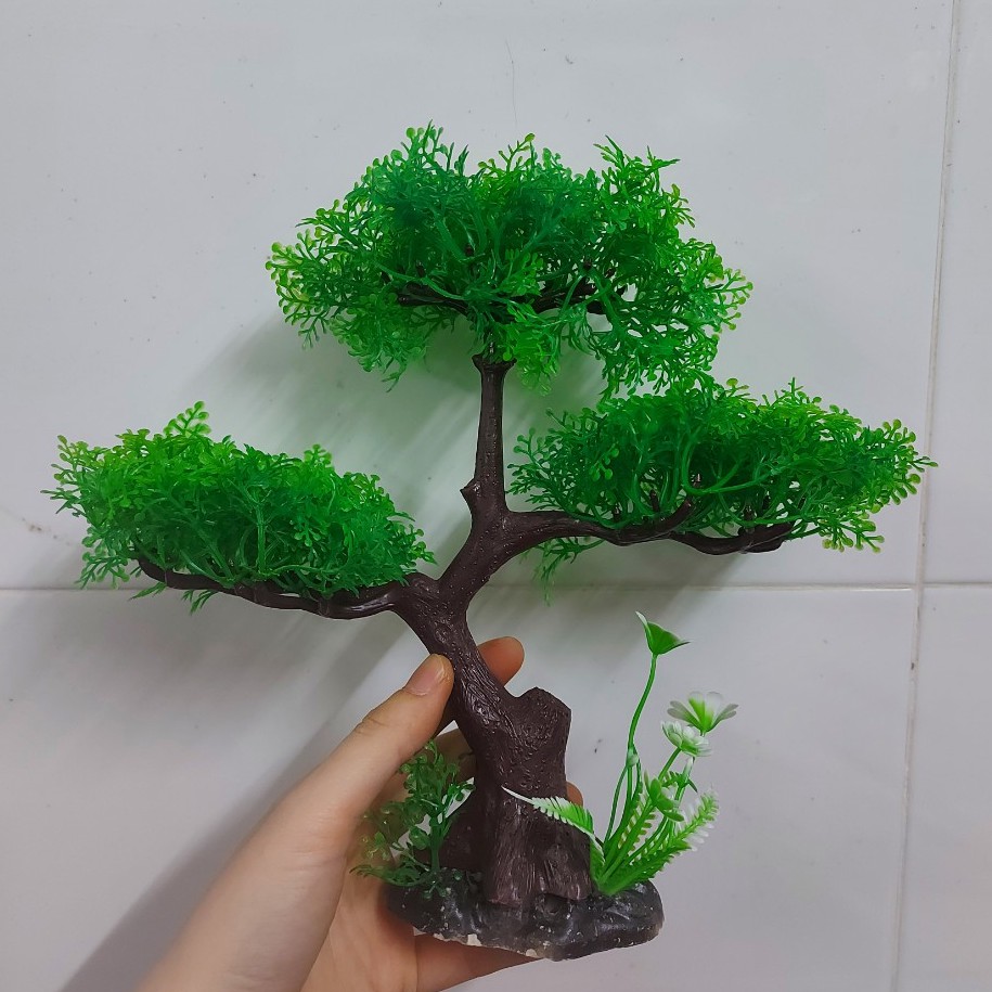 Cây nhựa trang trí bể cá: mẫu bonsai 3 tán
