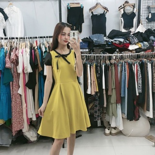 Đầm umi xoè cao cấp cổ phối nơ