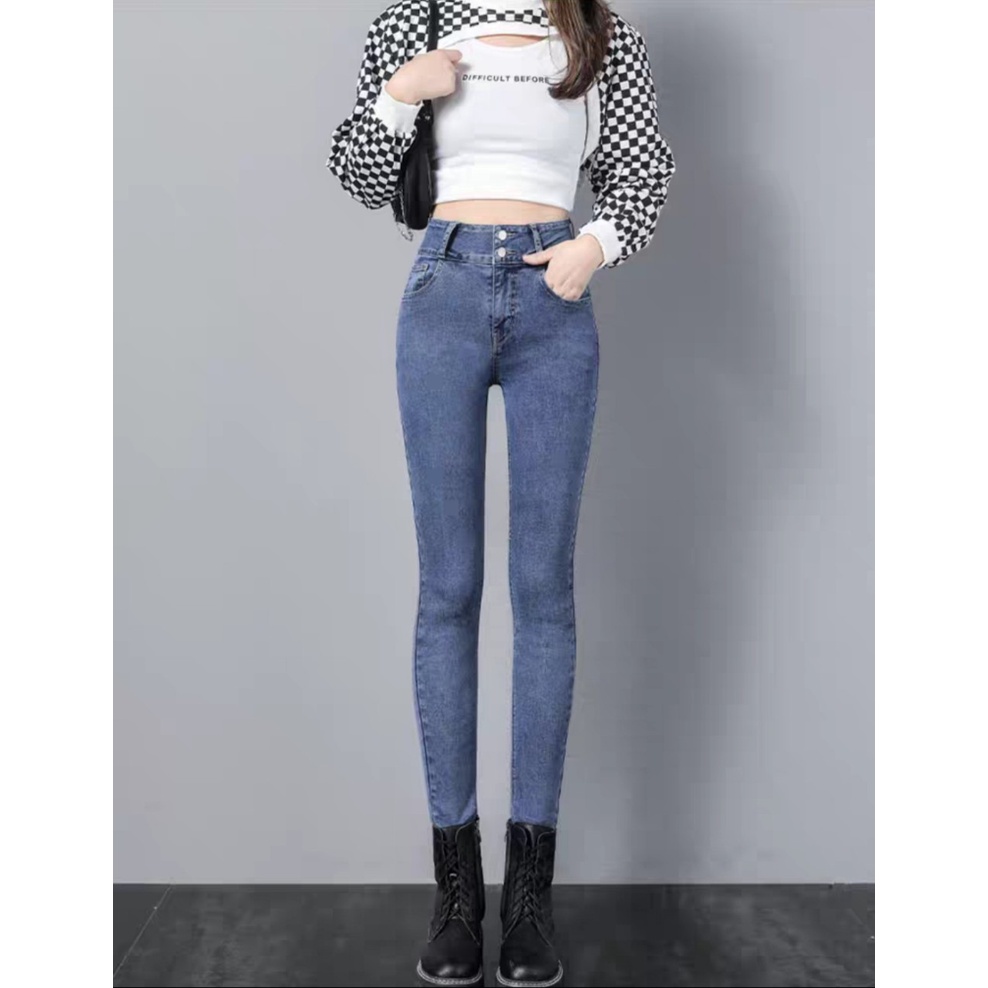 Quần jean nữ lưng cao 2 khuy co giãn có túi, quần bò cạp cao skinny jeans
