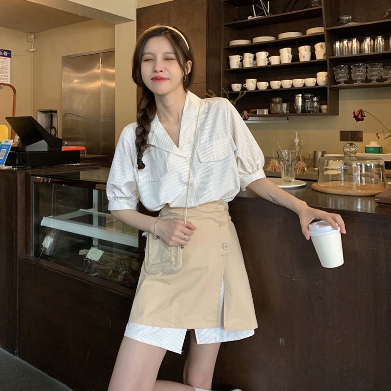 Set Áo Sơ Mi Tay Ngắn Dáng Rộng Kẻ Sọc + Chân Váy Đen Mini Size S-3Xl Thời Trang Mùa Hè Cho Nữ | BigBuy360 - bigbuy360.vn