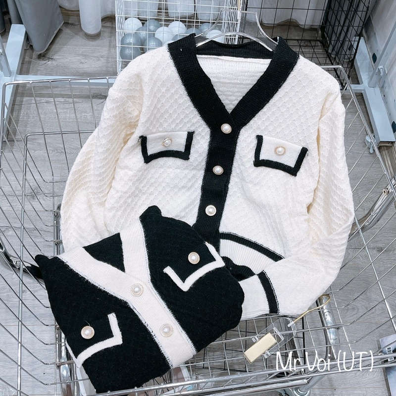 Áo cadigan len khuy ngọc viền túi dài tay cổ tim KL1847 - NhiNhi Shop