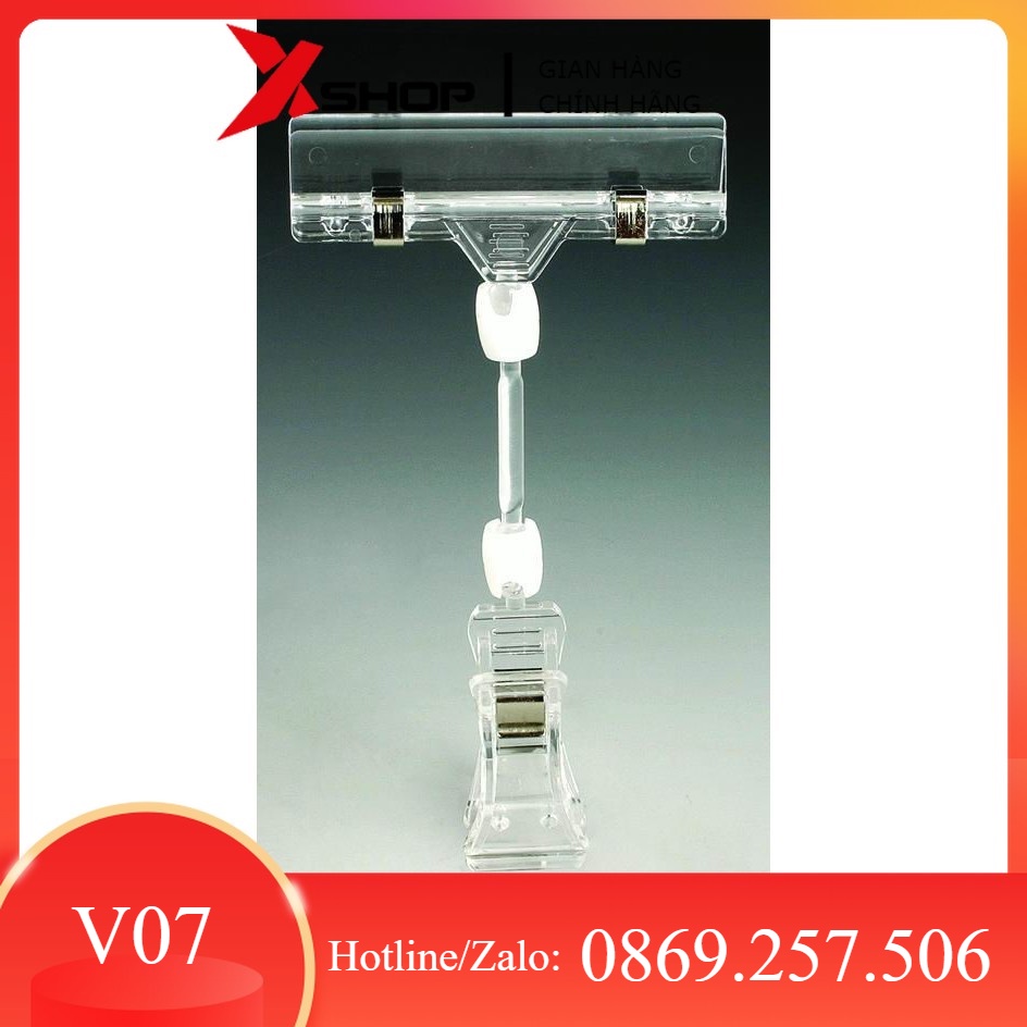 Kẹp nhựa mica quảng cáo V07, chiều cao 16cm, màu trong suốt chắc chắn