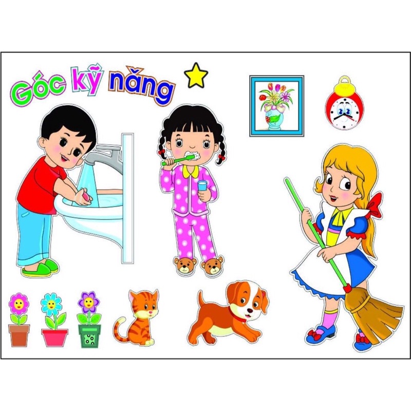 Bộ tranh góc kỹ năng bao gồm 3 hình dùng để trang trí phòng cho bé giúp bé nhận thức việc làm hàng ngày
